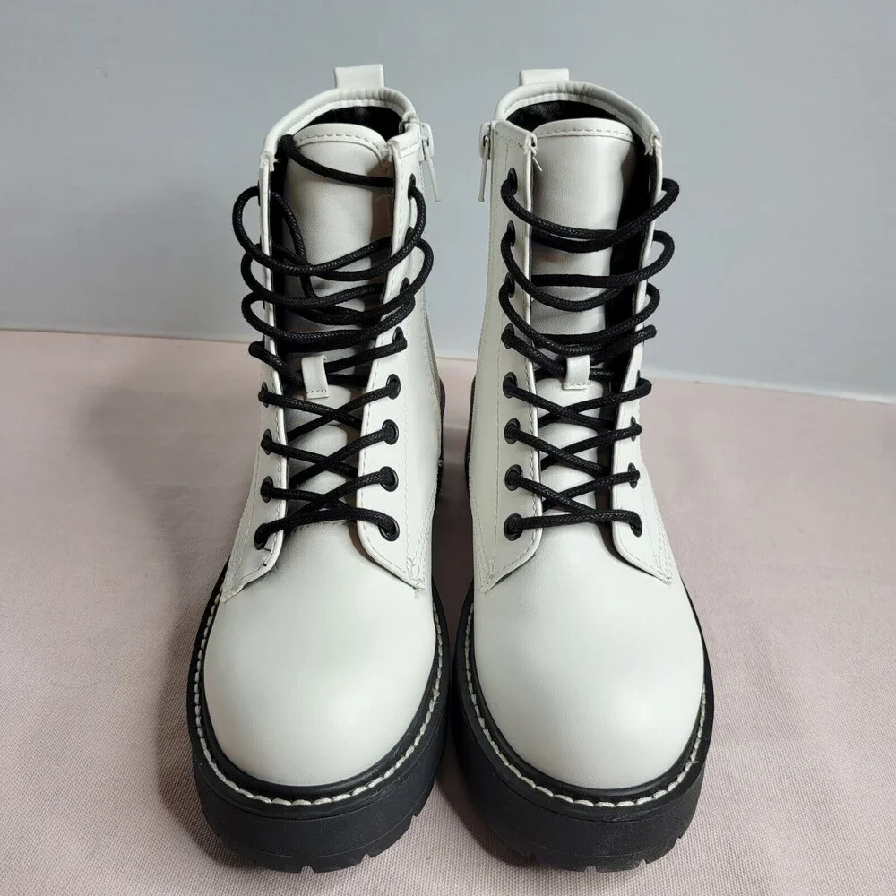 Madden Girl Carra Lace-Up Lug Sole Combat Boots White Size 6 Med